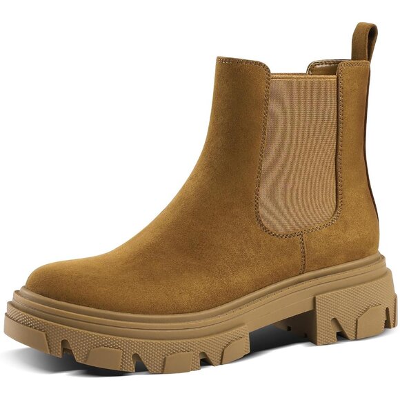 Brown Women's Chelsea Ankle Booties - Comfortable Slip-On with Lug Sole & Heel - Picture 1 of 7